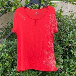 Kuhl Short Sleeve Keyhole Shirt Womens Orange Floral Pattern Top. Large